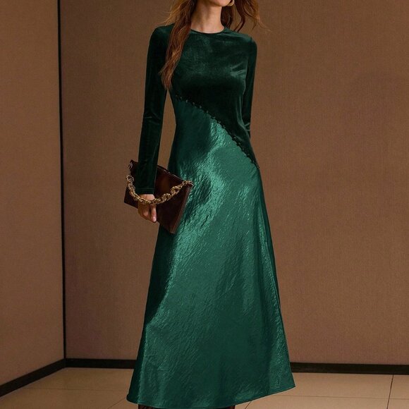Dark Green Elegant Women's Velvet & Satin Patchwork Split Hem Dress - Picture 4 of 6